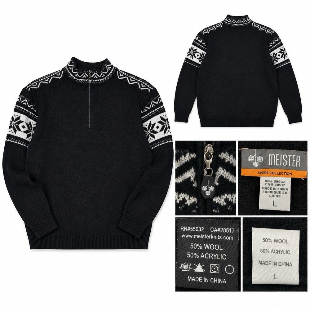Meister Womens Ski sweater black White Size L Mock Neck 1/4 zip Wool Blend